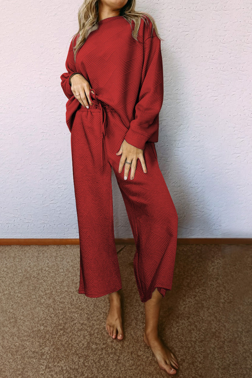 Dahlia Red Textured Ultra Loose 2 Piece Outfit