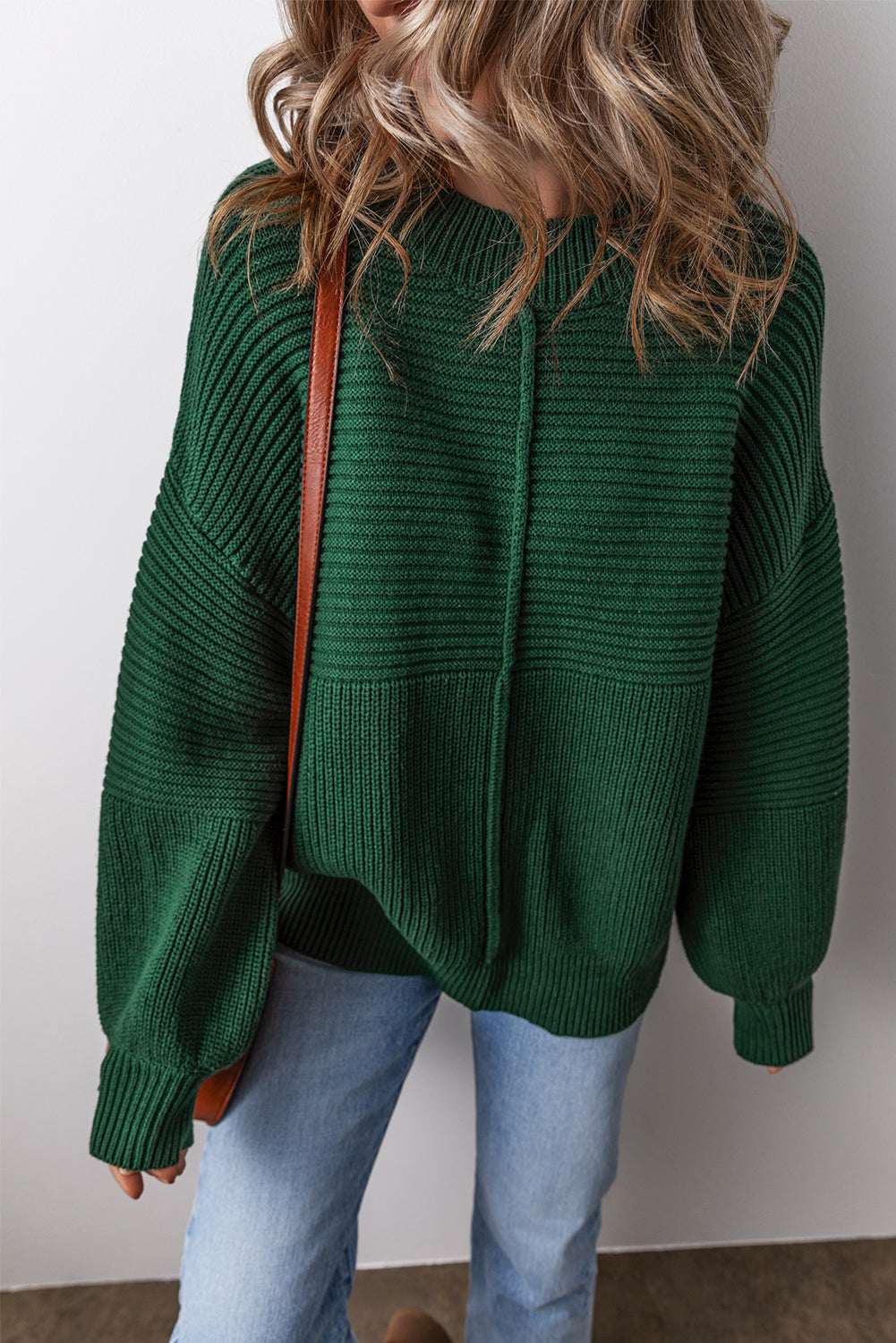 Blackish Green Textured Knit Round Neck Lantern Sleeve Sweater