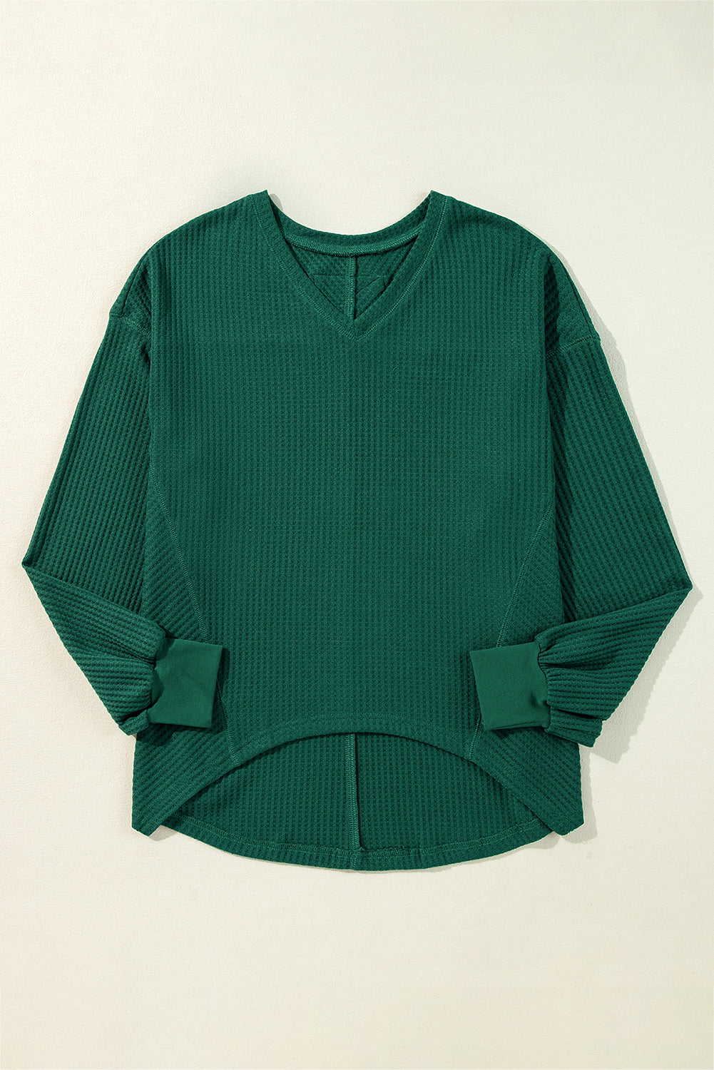 Blackish Green Waffle V Neck Swoul de manga larga de manga larga Blusa suelta