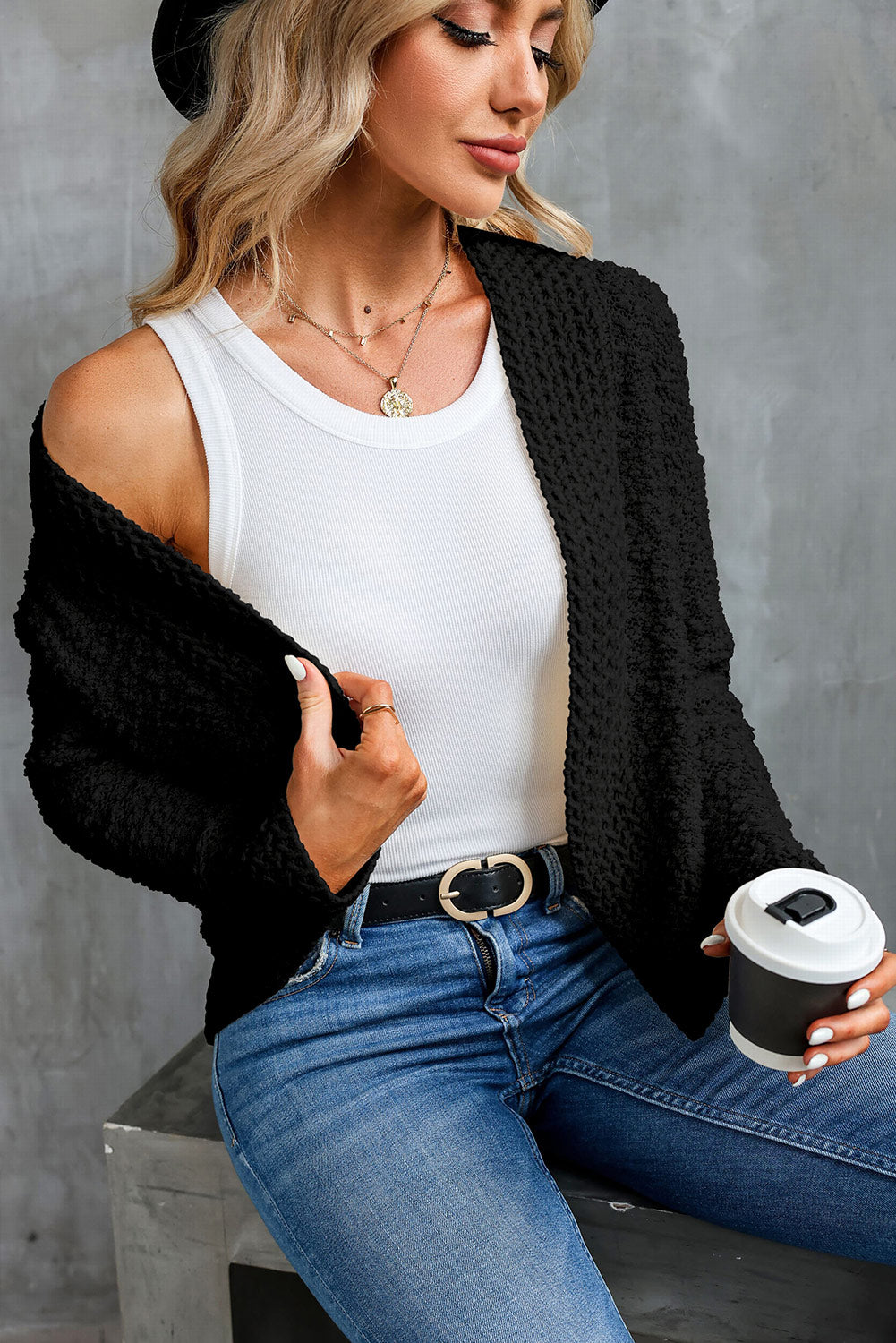 Cardigan noir ouvert sur le devant en tricot Popcorn