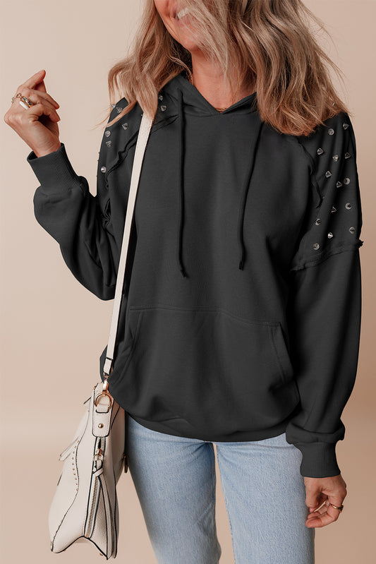 Black Color Color Rivet Stud Raglan Sweat Sweat à capuche avec poche