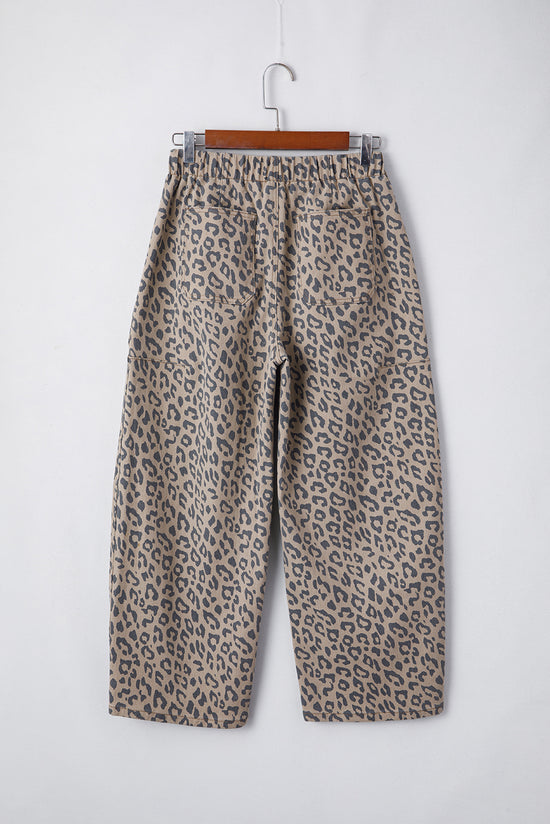 Jeans wide khaki leopard printed khaki with tightening cord and pocket at the waist