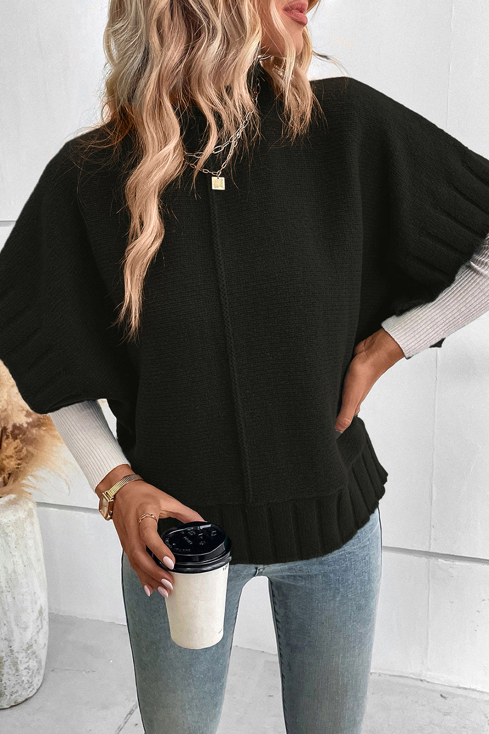 Black Mock Neck Batwing Pull en tricot à manches courtes