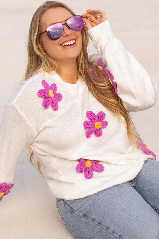 Plus Size White Drop Shoulder Crochet Flower Knit Sweater