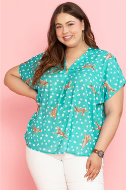 Green Cheetah Print Short Sleeve V-Neck Top