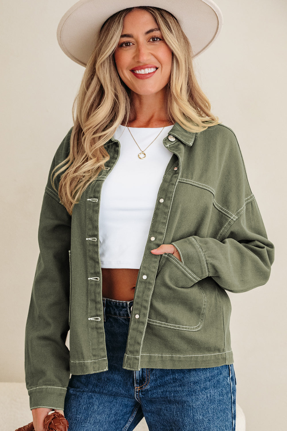Veste en jean vert kaki oversize à grandes poches en coton