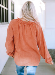Chemisier orange froissé texturé à volants et col fendu à manches bouffantes-A WOMAN WE LOVE