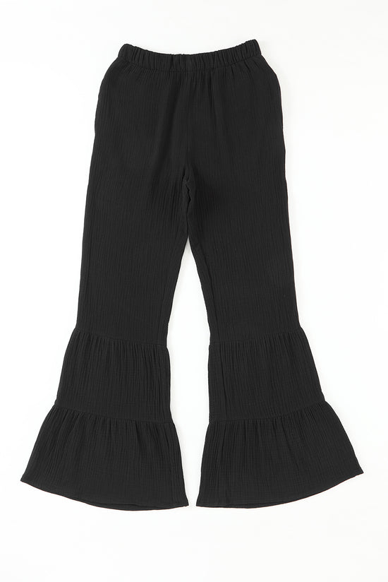 Black textured high waisted ruffle bell bottom pants