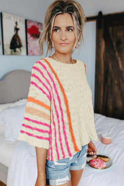 Lightweight knitted sweater with wide sleeves and white striped details