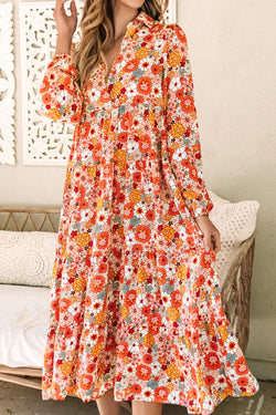 Multicolored bohemian dress with floral collar and long ruffled sleeves