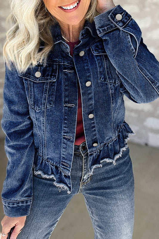 Navy Blue Ruffled Raw Hem Denim Jacket with Flap Pockets