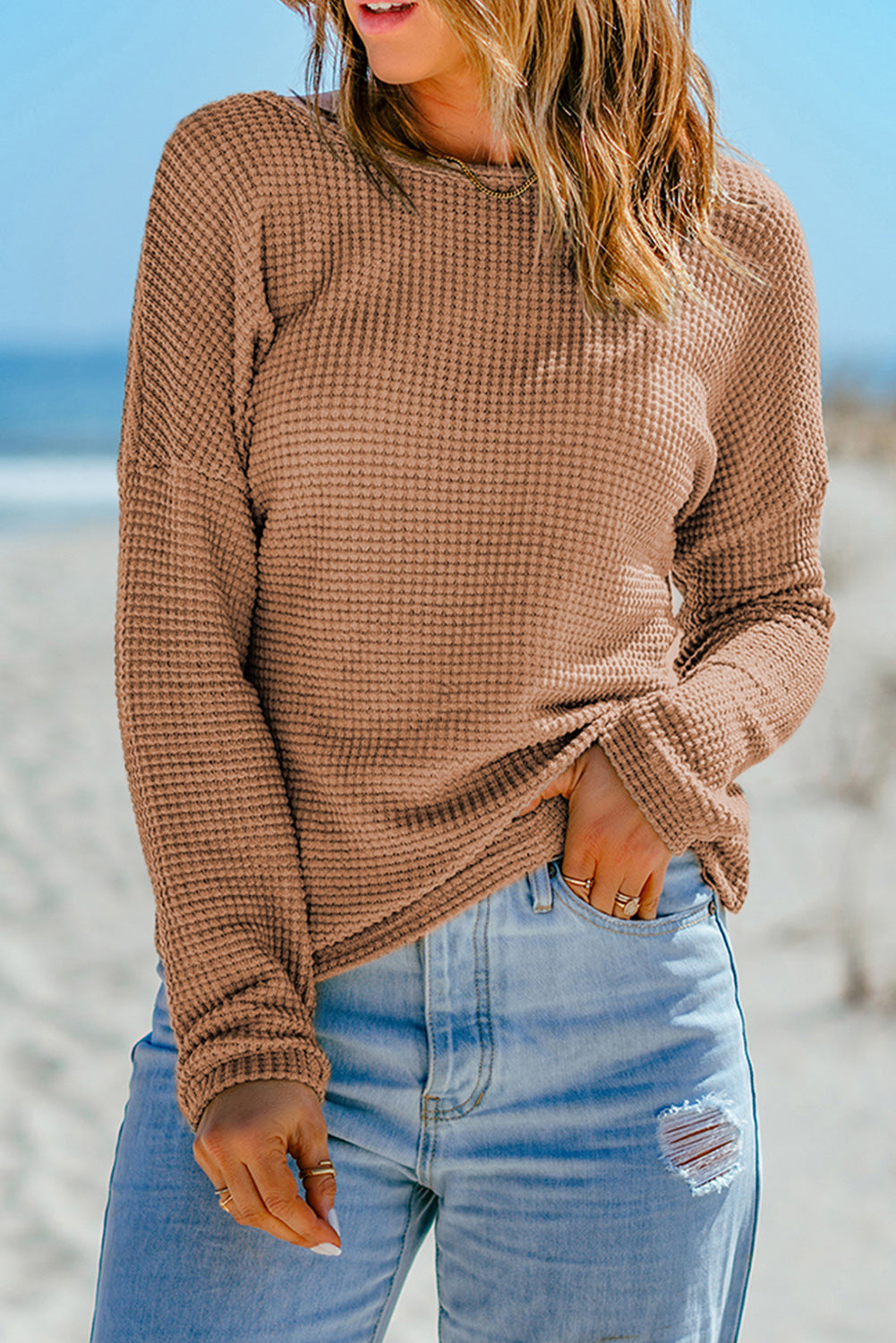 Khaki Waffle Knit Drop Show Sleeve Long Top