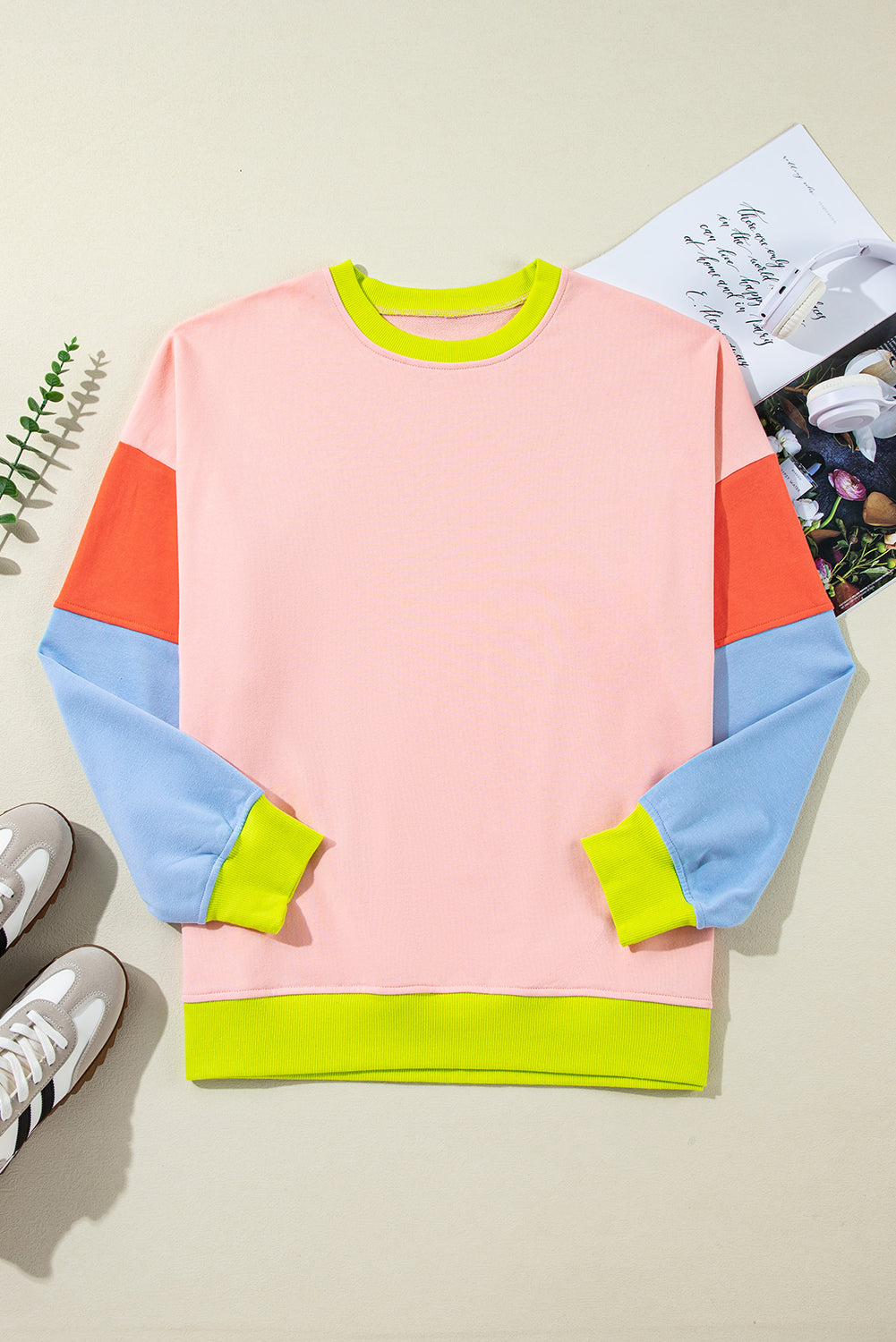 Sweat-shirt à col rond et patchwork color block rose clair de grande taille