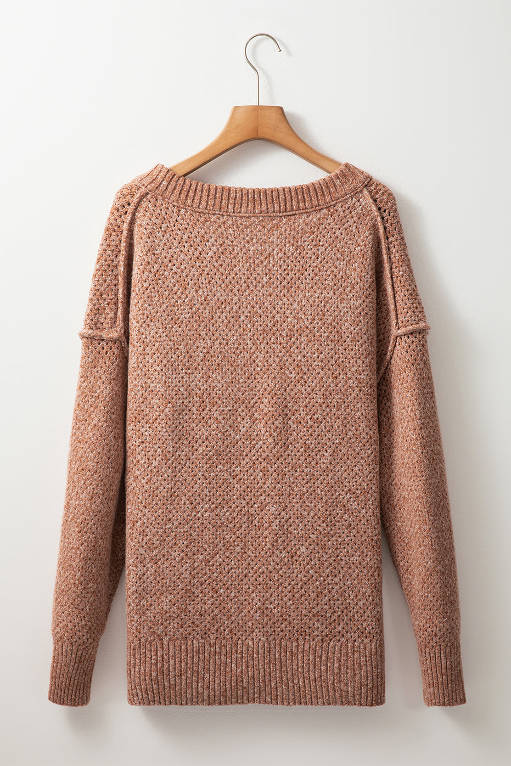 Dark brown V-neck drop shoulder loose sweater with eyelets