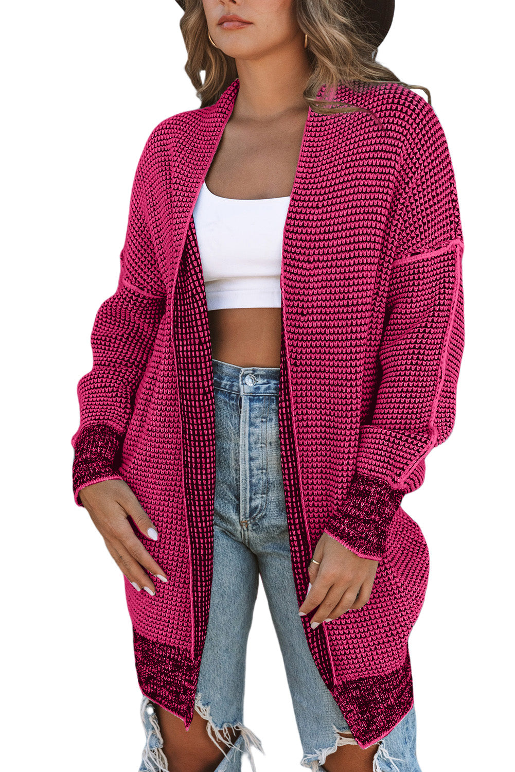 Rose Plaid a maglia a maglia con cardigan anteriore aperto lungo