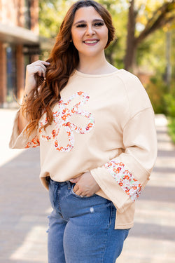 Plus Size Beige Floral Patch Side Slit Crew Neck Top