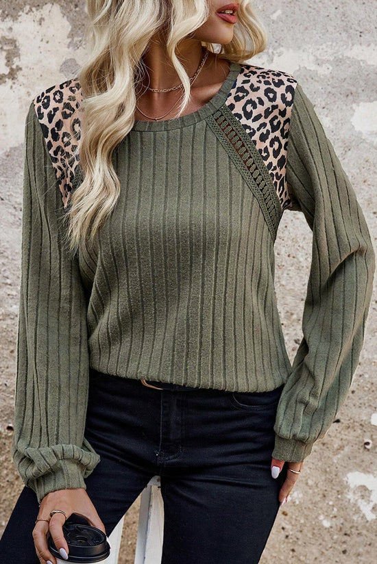 Moss Green Patchwork Leopard Print Ribbed Textured Knit Top