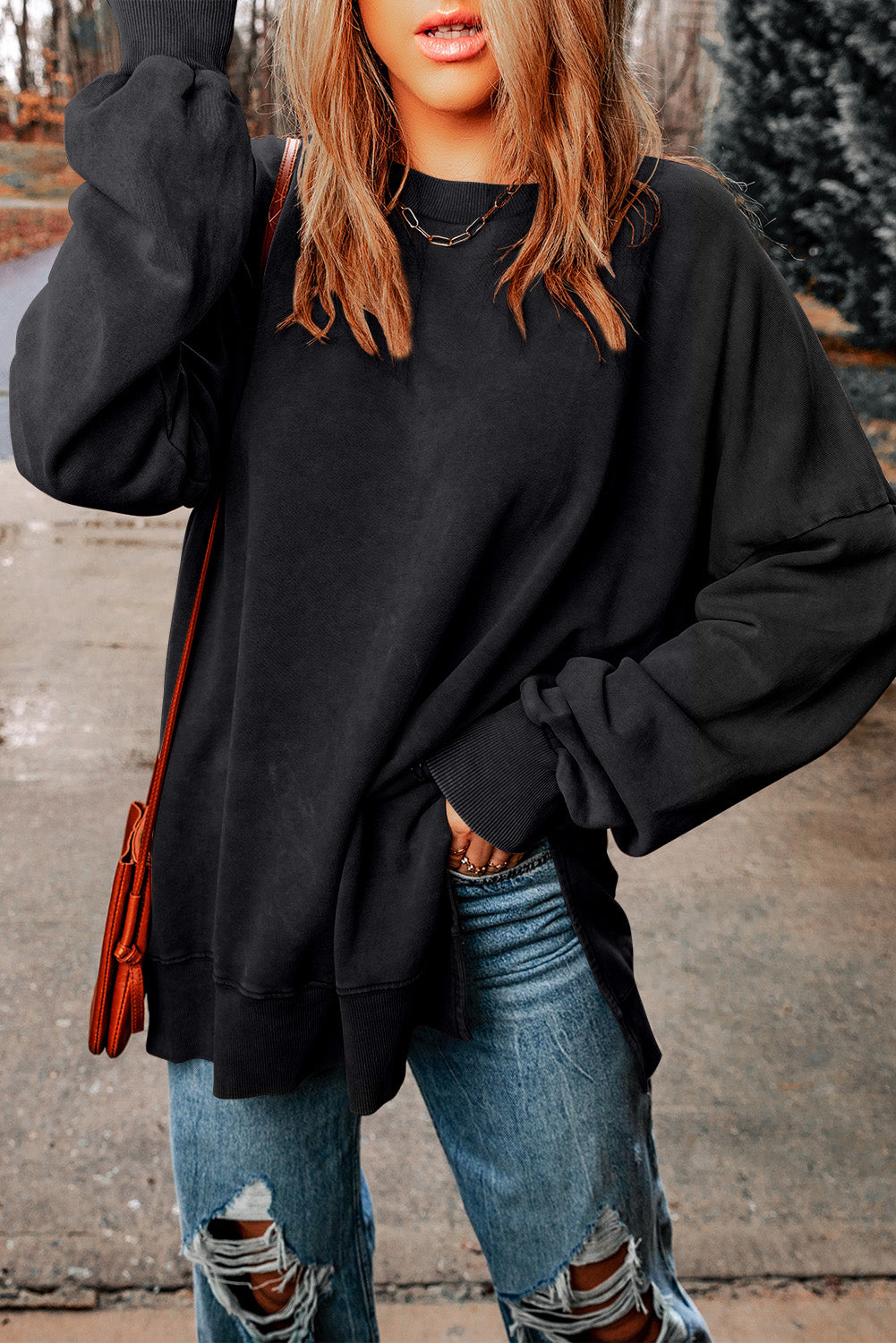 Sweat-shirt oversize noir à épaules tombantes et bordure côtelée