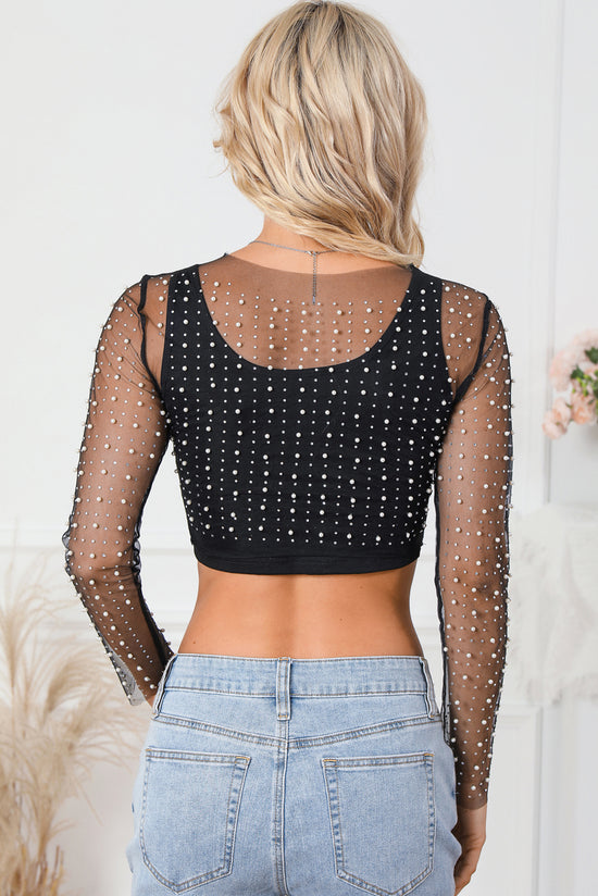 Haut en maille transparente avec perles noires et strass