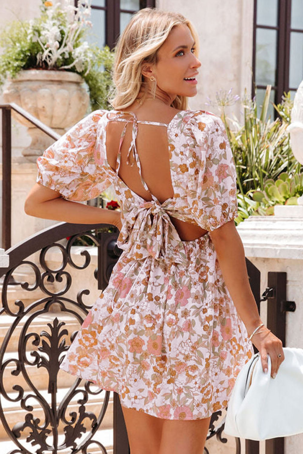 Blanc Floral Print Bow Not Backless Square Neck Mini robe