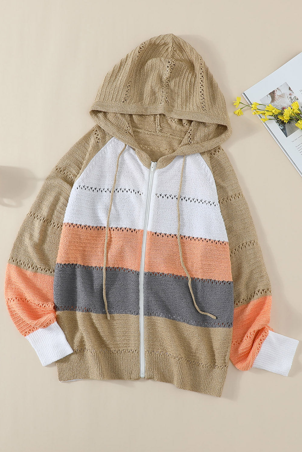 Multicolor Zipped Front Colorblock Hollow-out Knit Hoodie