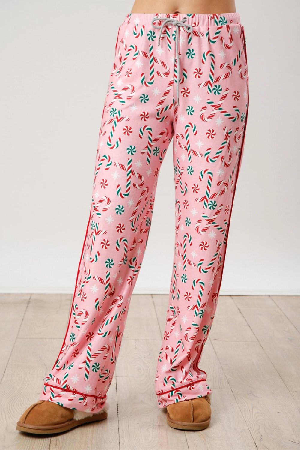 Pink Weihnachtsbonbon -Rohrstock -Drucken -Lapel -Kragenhemd und Hosen zweiteilige Pyjamas Set