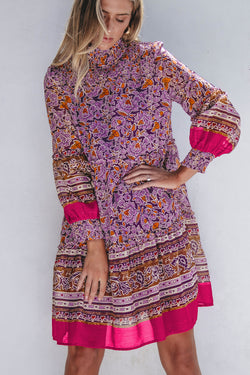 Purple High Neck Puff Sleeve Smocked Floral Mini Dress