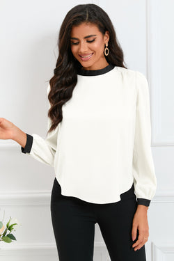 White blouse with uphill collar with knot in the back and color blocks