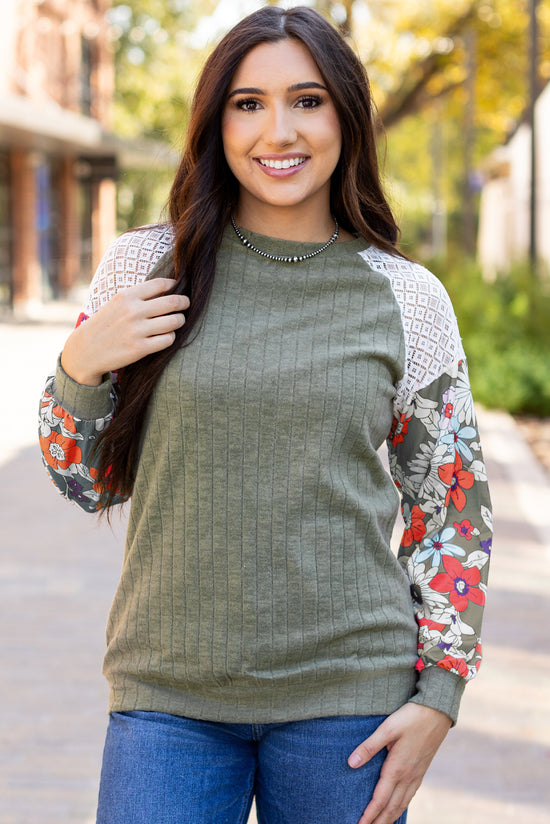 Long sleeve ribbed blouse and floral patchwork Laurel Green