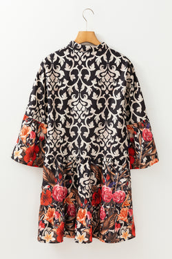 Robe trapèze noire rétro à imprimé floral mélangé et col fendu *