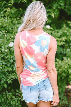 Sleeveless round neck top with pink floral print