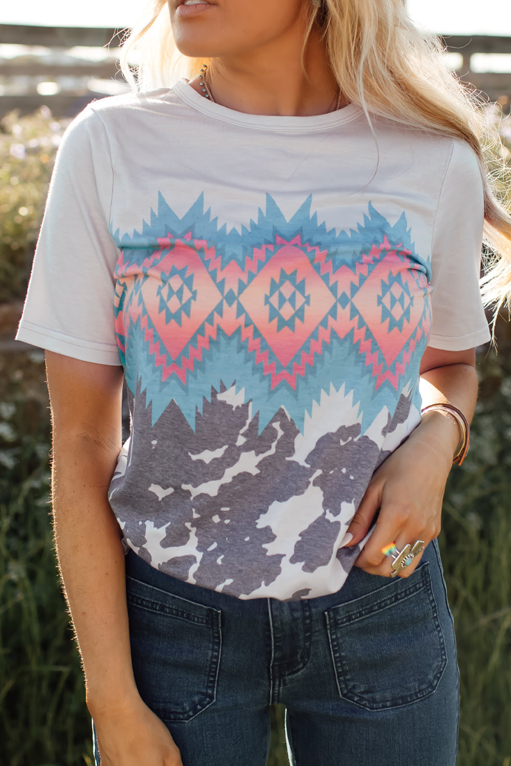 Multi-Color Aztec Geometric Print T-Shirt