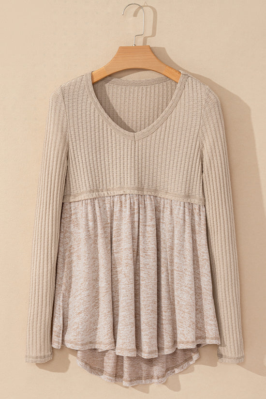 Smoke Grey Textured Long Sleeve V-Neck Babydoll Top