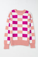 Pink sweater checkered and ribbed edges *