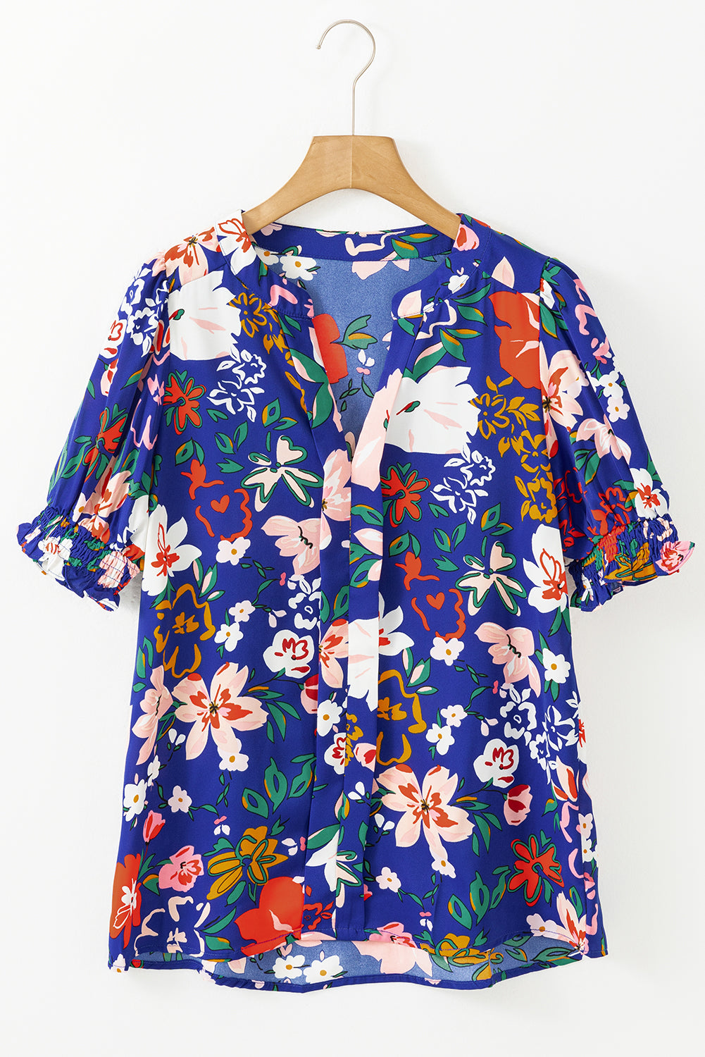 Blue Floral Printed Split V Neck Puff Sleeve Blouse