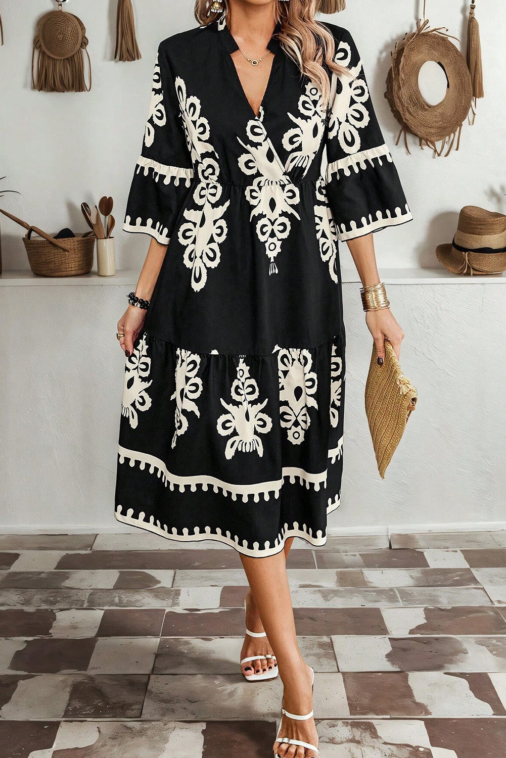 Robe midi ample noire à imprimé géométrique western à manches 3/4