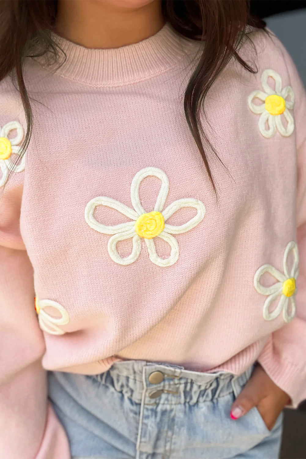 Pink Chenille Daisy Stitching Crew Neckpullover