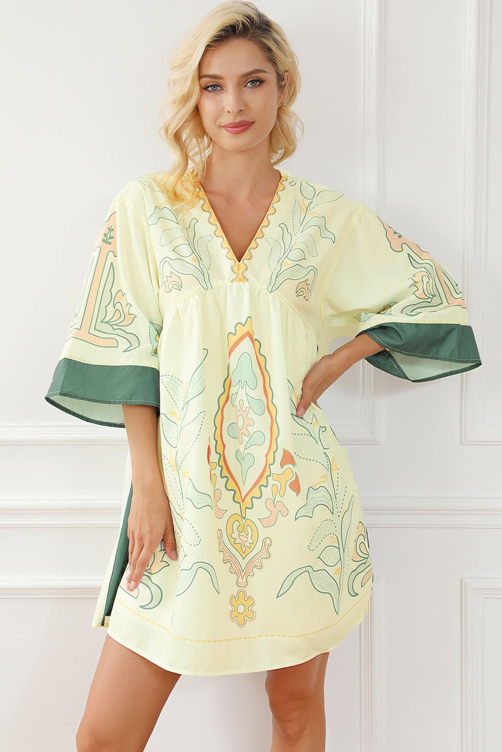 Robe kimono courte multicolore à imprimé bohème, col en V, taille empire