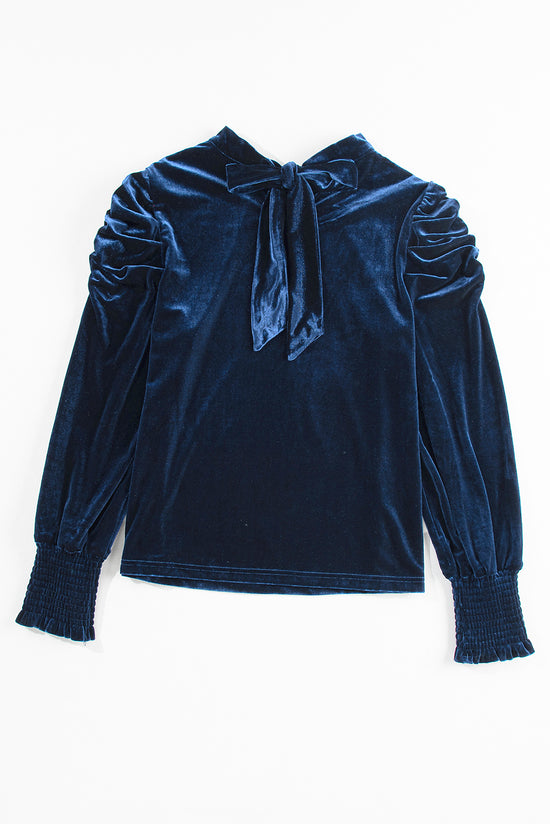 Navy blue velvet blouse with rising collar and puffy sleeves