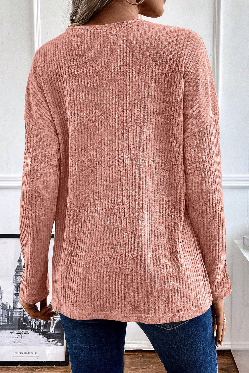 Rose Tan Rib strukturierte Henley strickte Oberteil