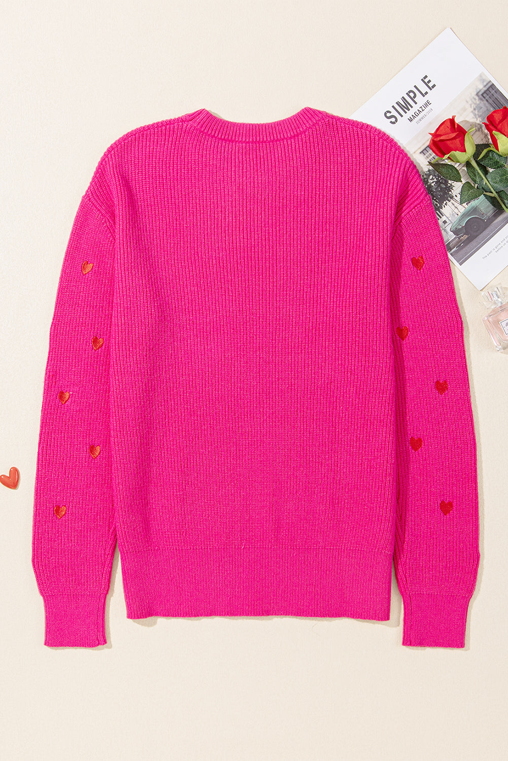 Pink Red Heart Shaped Crew Neck Drop Shoulder Sweater