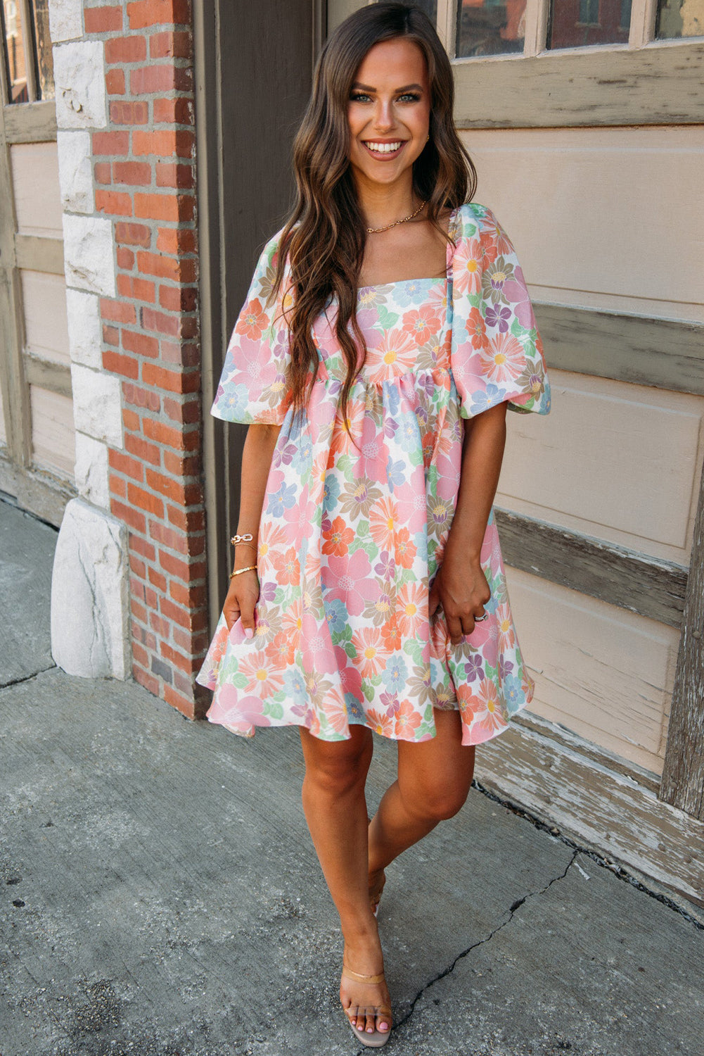 Pink floral summer babydoll dress, square neck, puff sleeves