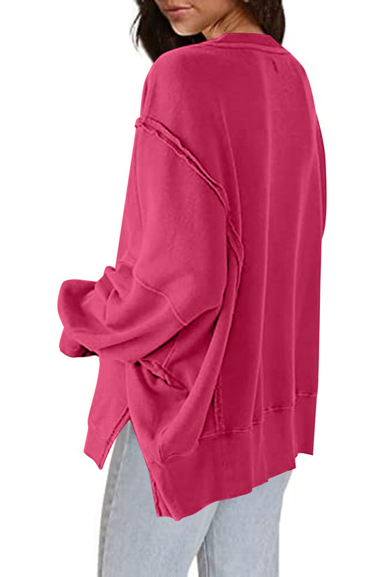 Pink Sweatshirt with Exposed Seams, Dropped Shoulders, Slit, High Low Hem