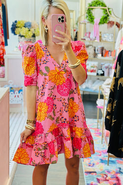 Pink Floral Mini Dress with Puff Sleeves and Ruffled V-Neck