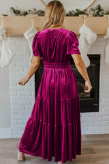 Robe longue en velours Dahlia rouge à manches courtes et taille froncée à plusieurs niveaux