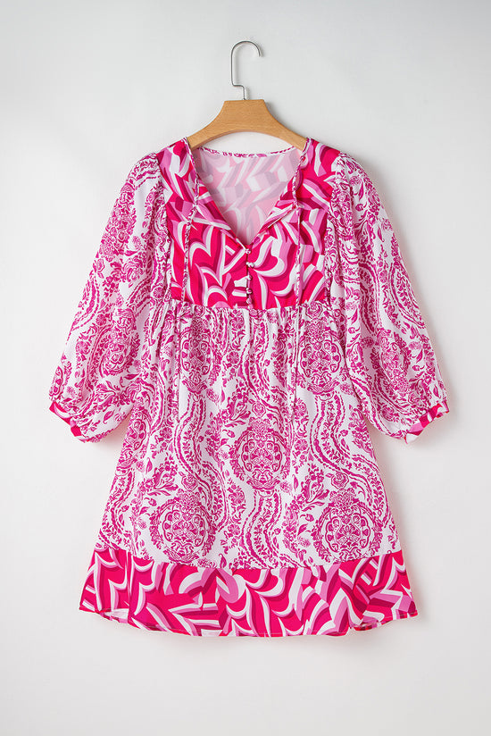 Boho Print Pink Tie V-Neck Puff Sleeve Flared Mini Dress