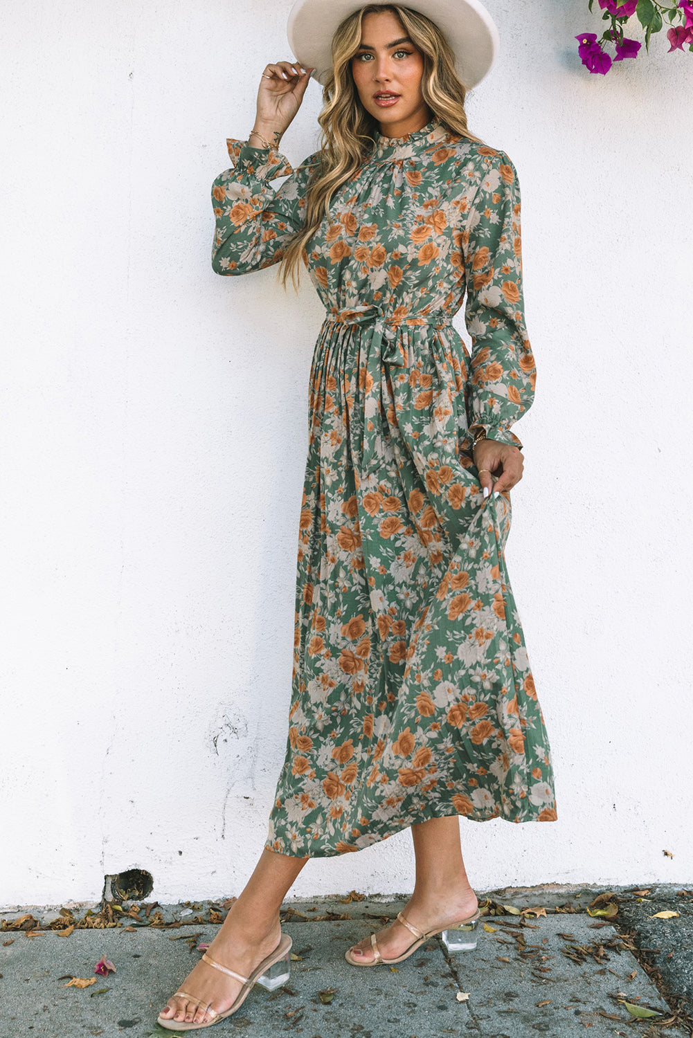 Green Pleated Floral Long Sleeve Maxi Dress with Tie