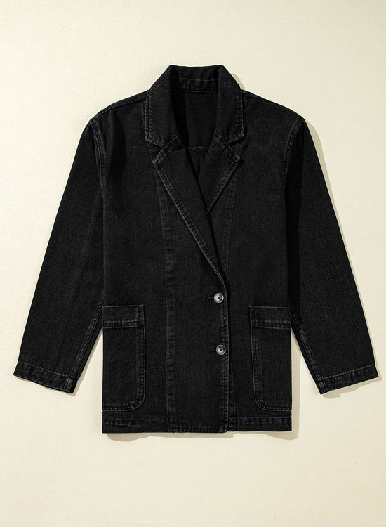 Veste en jean noire avec poches latérales et col à revers