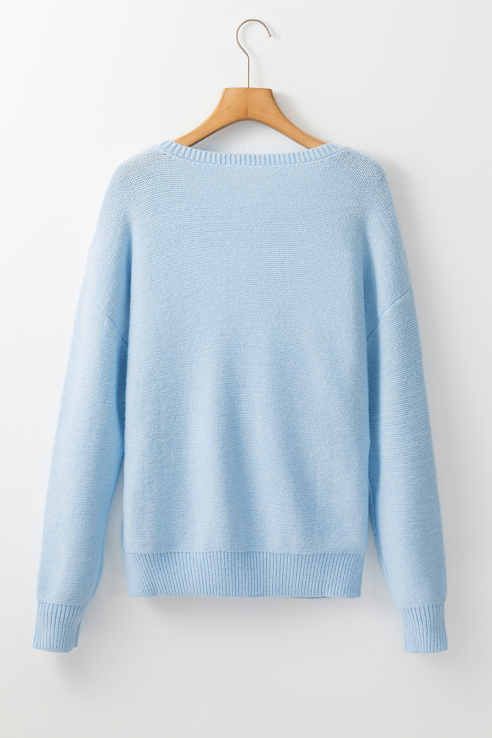 Light Blue Knitted Flower Pattern Ribbed Edge Sweater