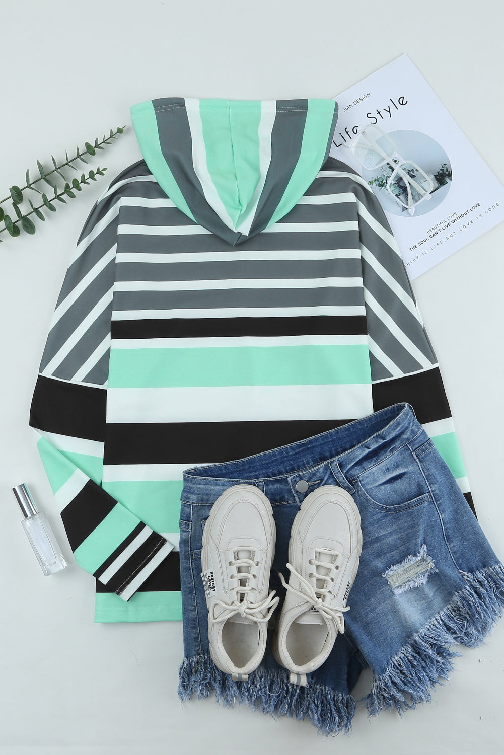 Green Striped Drawstring Long Sleeve Hoodie